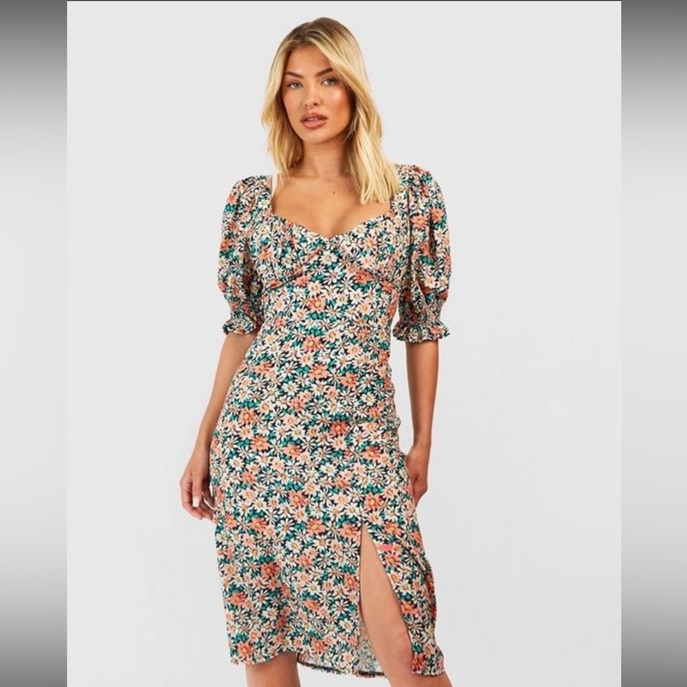 Boohoo Floral Puff Sleeve Slit Front Midi Dress size 10